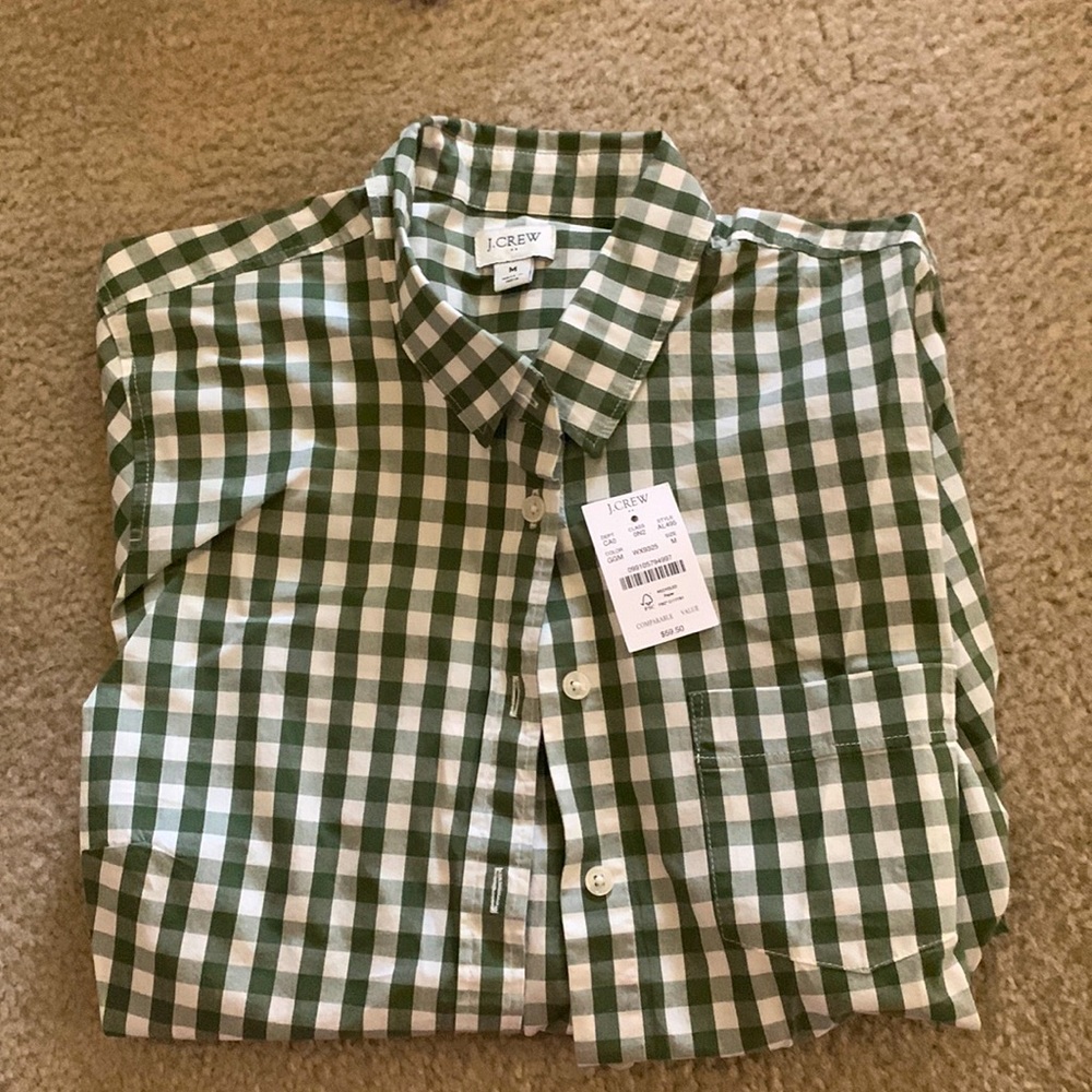 J Crew gingham poplin shirt signature fit - utility green